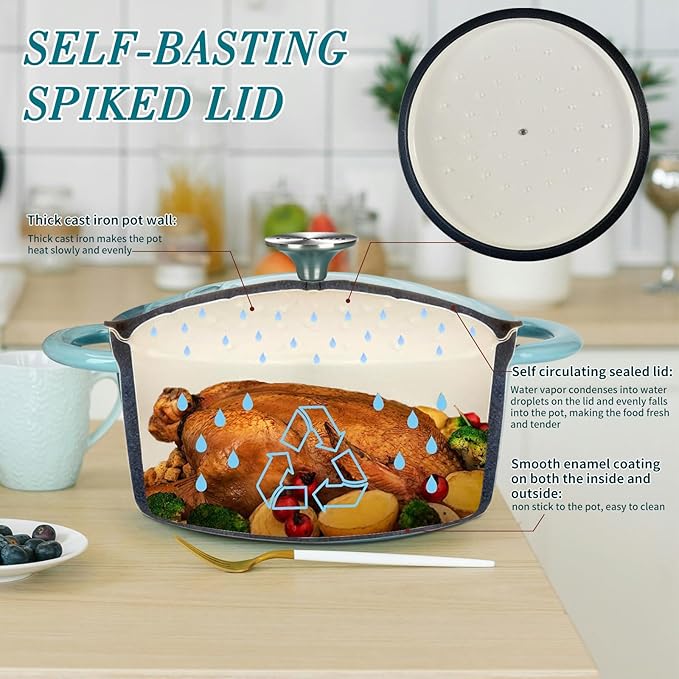 Cast Iron Dutch Oven 4.5 Quart Enameled Cast Iron Dutch Oven Pot with lid Heavy Duty Dutch Oven Dual Handles Porcelain Enameled Cast Iron Pot for Baking Braiser Cooking Family or Friends Gifts,Aqua