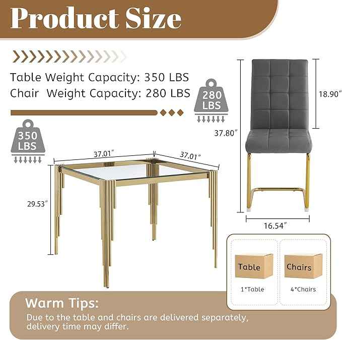 AF ARTISAN FURNITURE 37'' Square Glass Dining Table Set for 4, Kitchen Table Chairs Set of 4, Clear Gold Glass Dining Tables with Stainless Steel Legs, 4 Grey PU Dining Chairs, Living Room, Kitchen