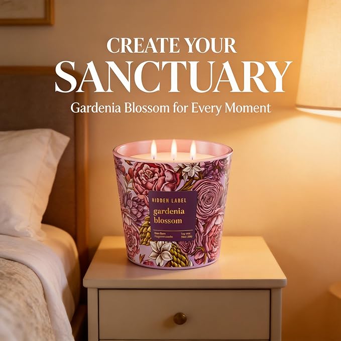 Hidden Label Gardenia Blossom Scented Candle, 30oz Large 3 Wick Natural Soy Wax Candle, 100 Hours Slow Burn Aromatherapy Candle for Stress Relief, Relax & Sleep, Gifts for Women & Men