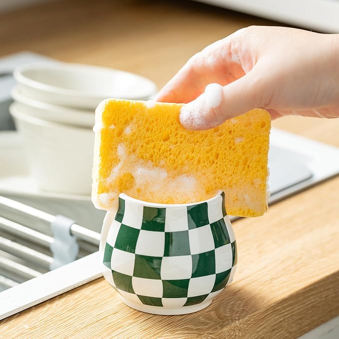 Kitchen Sponge Holder, Ceramic Sponge Organizer Checkered Scrubby Holder Sink Caddy Scrub Dish Rack for Kitchen, Bathroom, Sink, Christmas Decor, Green and White