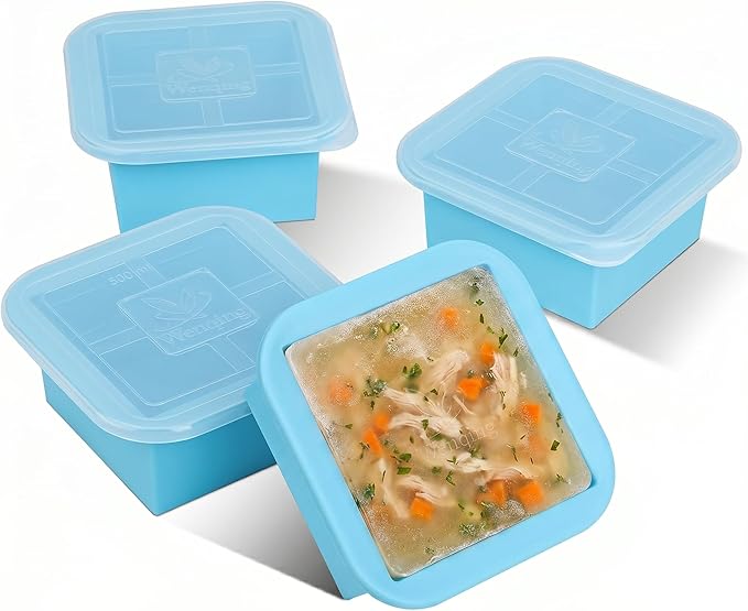 Silicone Freezer Tray with Lid 4 Pack Silicone Freezer Molds Ice Cube Tray Makes 4 Perfect 2 Cup Portions Soup Cubes Meal Prep Containers- Oven & Dishwasher Safe
