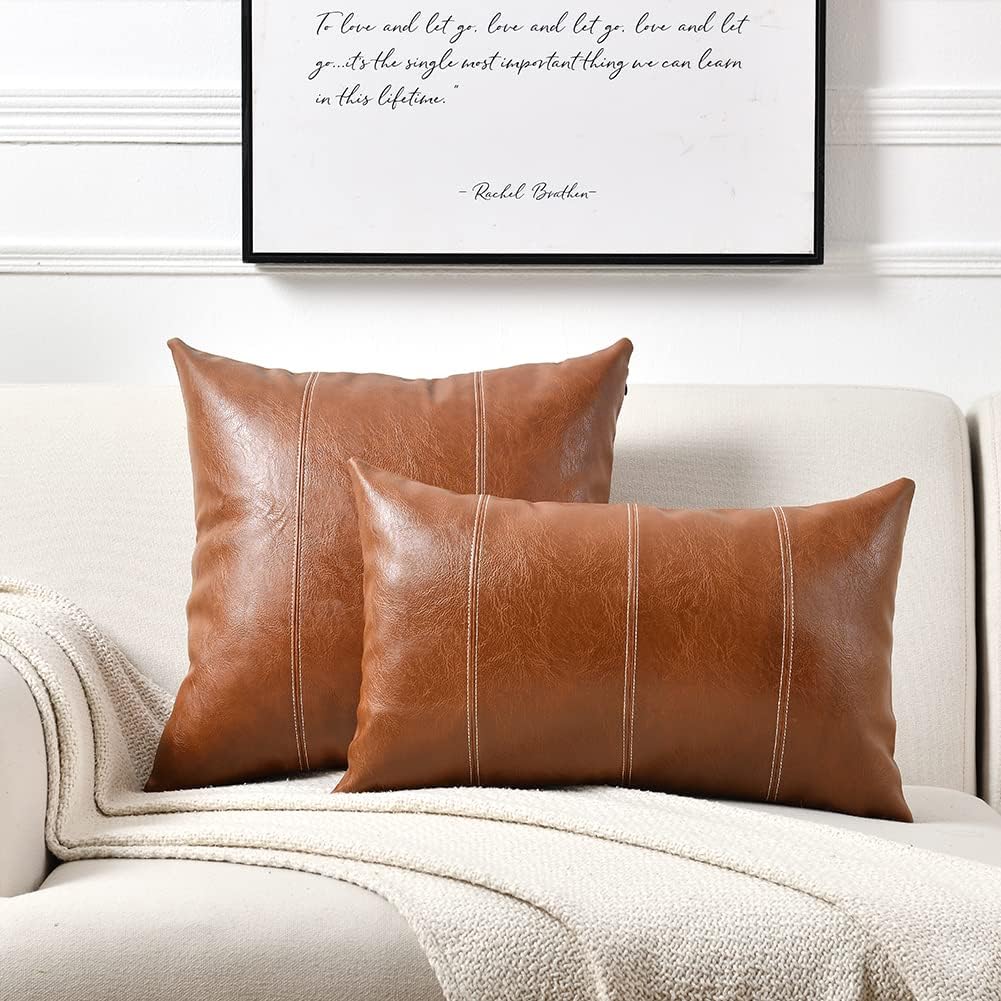 Fancy Homi Brown Boho Faux Leather Decorative Throw Pillow Covers 16x16 Inch for Living Room Couch Bed, Hand Stitched Accent Square Cushion Case 40x40 cm, Luxury Modern Farmhouse Home Decor
