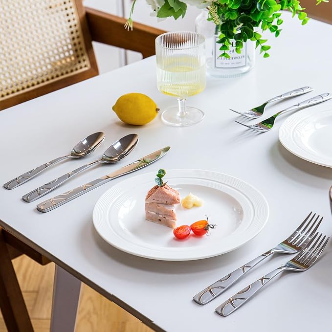 HIKAA Silverware Set, 65-piece Silverware Set with Serving Utensils Set, for Kitchen, Home, Wedding, Party, Mirror Polished and Dishwasher Safe
