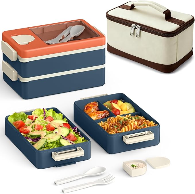 Sitlais Bento Box Adult Lunch Box, 2-Layer Stackable Container with Utensils & Insulated Bag, 67oz Large Capacity, Leakproof, Microwave Safe, BPA-Free for Work, Gym & Outdoor (Orange & Blue)