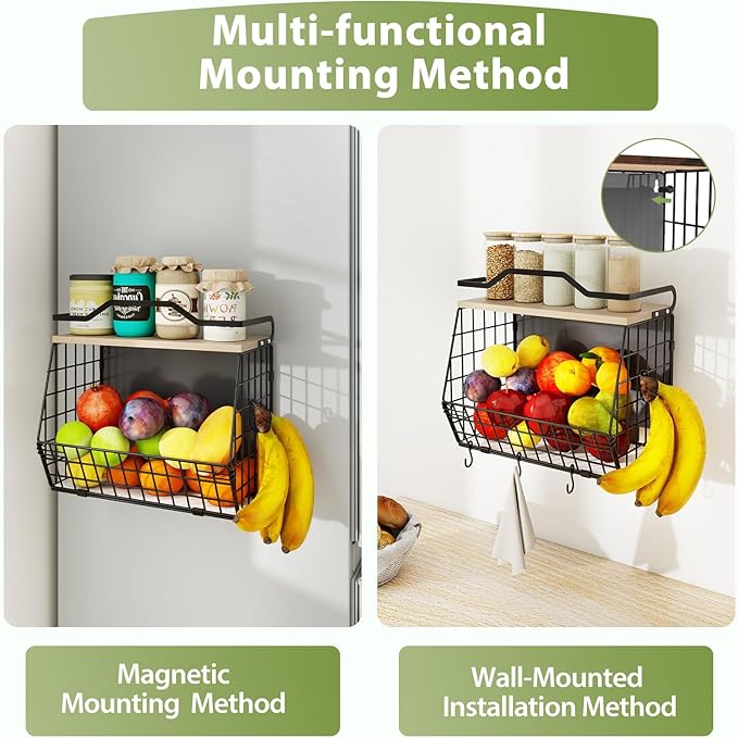 Wawocs Magnetic Shelf for Fridge with Wood Lid, 2 Tier Fruit Baskets Wall Mounted Hanging Basket with 4 Hanger Hooks, Potato and Onion Magnetic Storage Bins for Kitchen Counter, Refrigerator, Cabinet