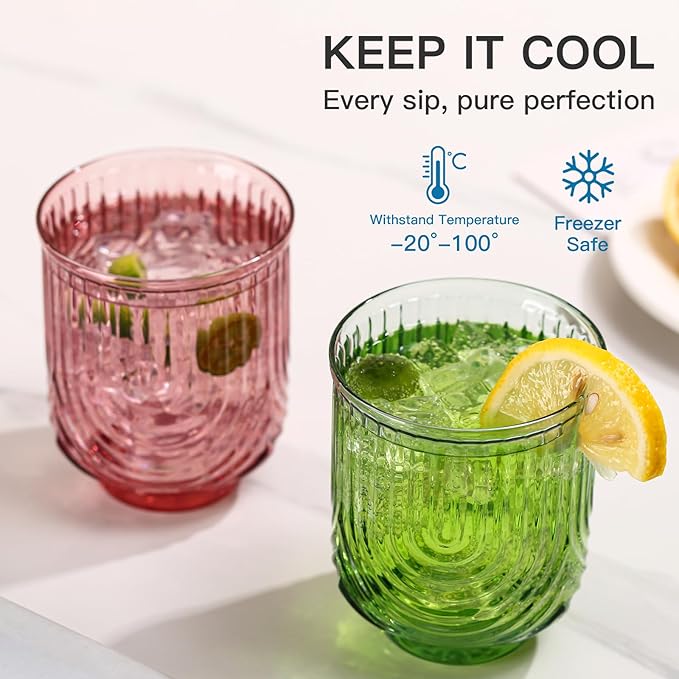 JOVGANK Colored Vintage Drinking Glasses Set of 6-14Oz Colorful Drinking Glasses, Art Deco Ripple Highball Glass, Whiskey Cocktail Glasses, for Bar Coffee Juice, Housewarming and Mother's Day Gift