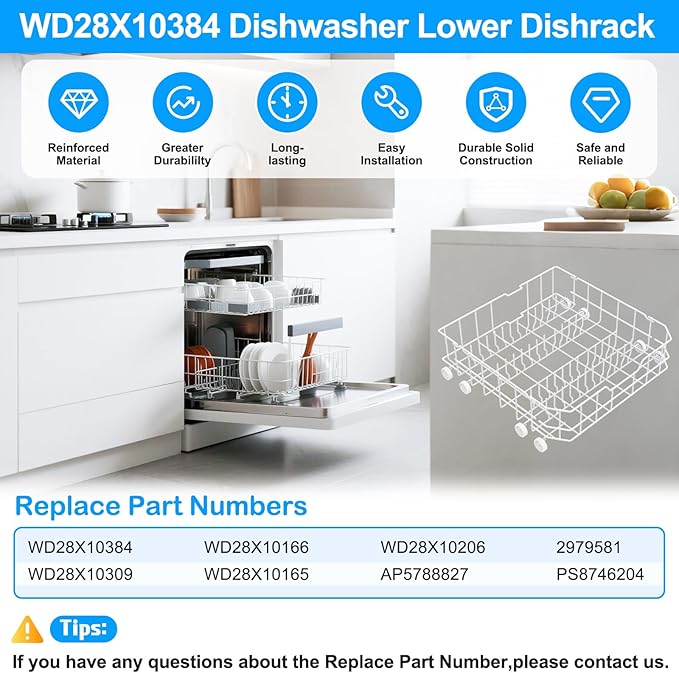 Upgraded WD28X10384 WD28X10309 Dishwasher Lower Rack Compatible with GE Dishwasher Rack Replacement Parts,WD28X10166 WD28X10165 General Electric Dishwasher Parts Bottom Rack GLD4560V00SS with Wheels