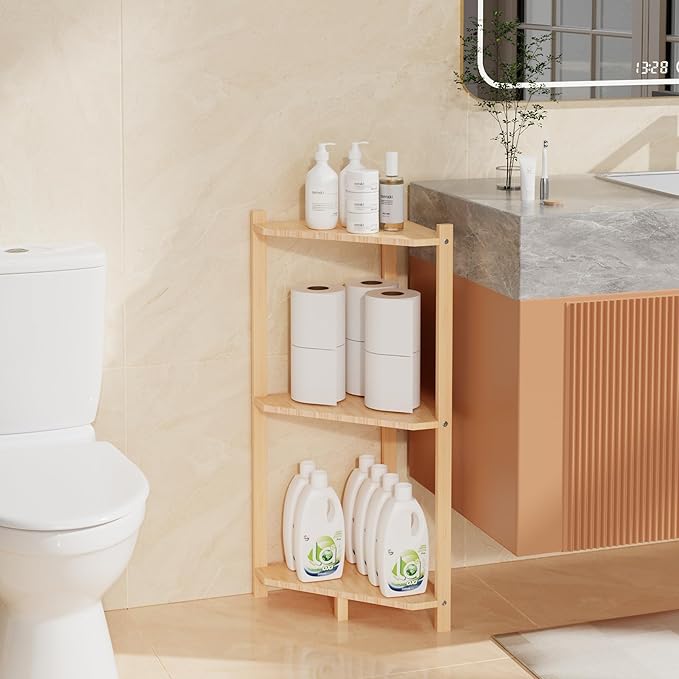 Wisuce Corner Shelf, 100% Real Bamboo Shower Corner Shelves Free Standing Shelf Storage Organizer for Bathroom Living Room Kitchen (Natural, 3 Tier)