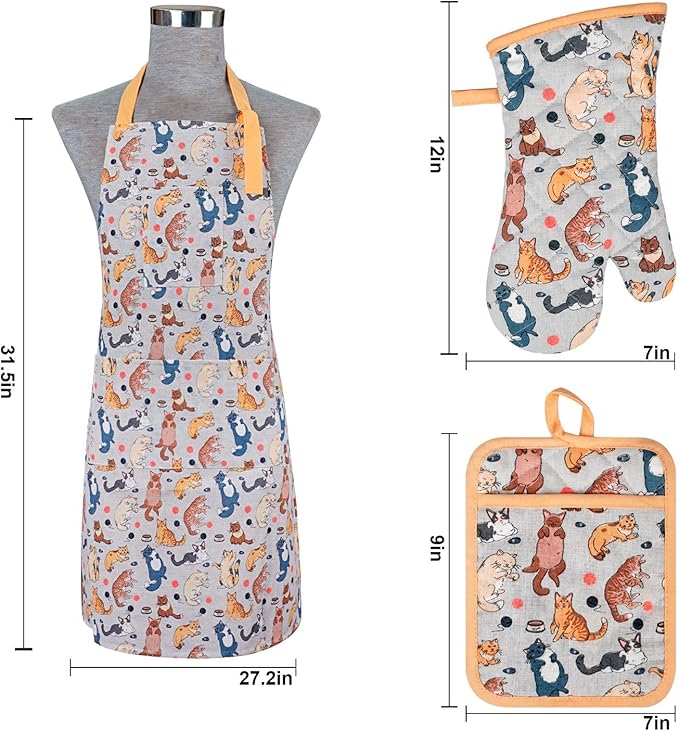 Alselo Oven Mitts and Pot Holders with Chef Apron,Set of 5 Heat Resistant Kitchen Gloves and Silicone Non-Slip Potholders Adjustable Neck Buckle Chef Apron, Cotton Nice Design for Cooking (Cat)