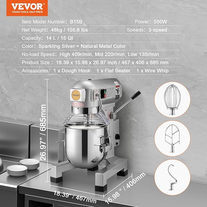 VEVOR Commercial Food Mixer 15Qt, Commercial Mixer with 3 Adjustable Speeds, 550W Dough Mixer,Commercial Stand Mixer with Stainless Steel Bowl