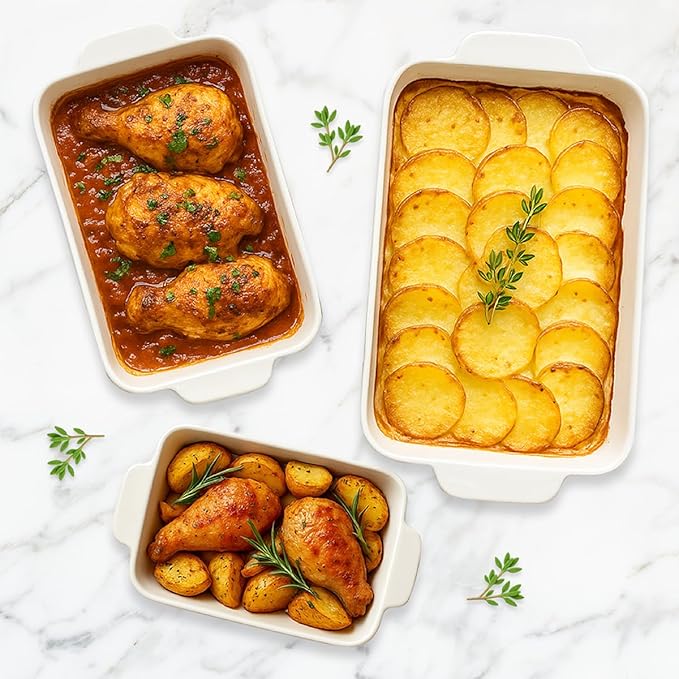 Glad Baking Dish Set, 3pc - Rectangular Stoneware Casserole Dishes for Oven and Microwave - Nesting Bakeware Set with Handles (12'', 10.5'', and 8.5''), Dishwasher Safe