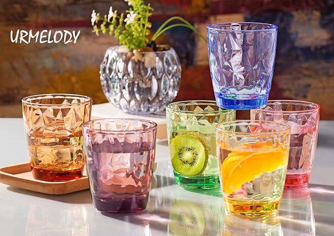 13oz Drinking Glasses Set Acrylic Glassware for Kids Colored Plastic Tumblers Cups Picnic Water Glasses Unbreakable Juice Drinkware for Camping Restaurant Beach Party BPA Free Dishwasher Safe