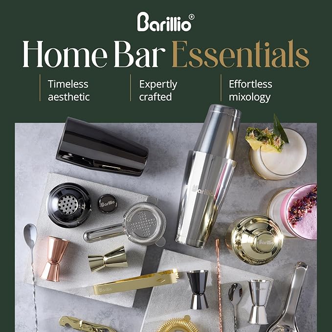 Barillio Gold Bartender Kit - Stainless-Steel Cocktail Shaker Set w/Black Bamboo Stand - Mixology Bar Tools w/Drink Shaker, Mixer, and Muddler for Cocktails - Home Bar Accessories - 23-Pc Bar Set