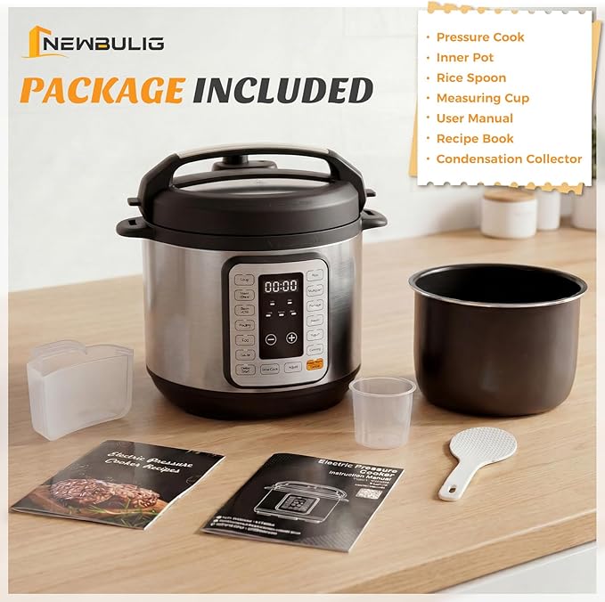 NEWBULIG 16-in-1 Electric Pressure Cooker, 8QT Multi Cooker with 12 Presets, Slow Cook Rice Steamer Sauté Soup Meat Stew Canning Yogurt Maker, Ceramic Inner Pot & Recipe Book Included，Silver