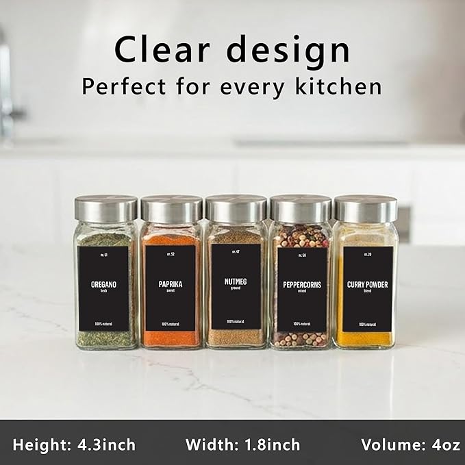 Deco haus Glass Spice Jars with Stainless Steel Lids 36 x 4oz [LABELS incl] Spice Containers with 280 Labels, Funnel & Chalk Marker - Empty Herb Seasoning Containers, Small Seasoning Bottles for Herb