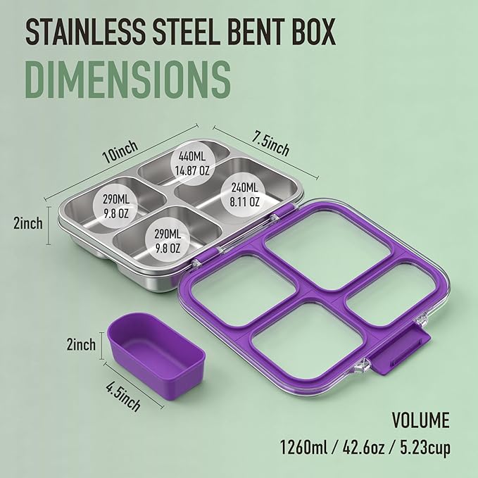 Stainless Steel Bento Box for Kids with Silicone Container, 4 Compartment Metal Lunch Box Kids Adults, Removable Silicone Seal & Clear Lid, Leak Proof Food Storage Container for Meal (Purple)