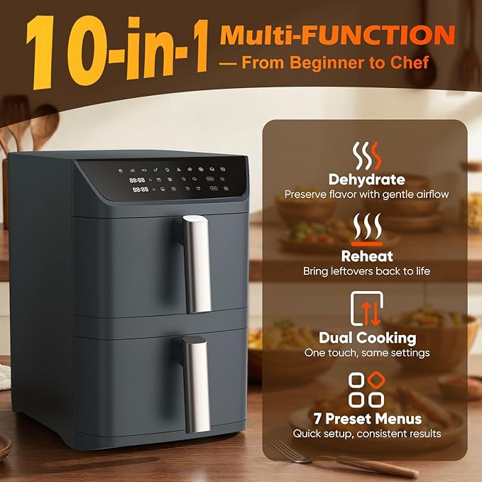 Dual Basket Air Fryer, 12.6QT Family-Size for 10–12 People, XL Basket for 6LB Whole Chicken, DoubleStack Compact Design, 10-in-1 Functions with Reheat, Dehydrate & SyncFinish, Dishwasher-Safe, Gray