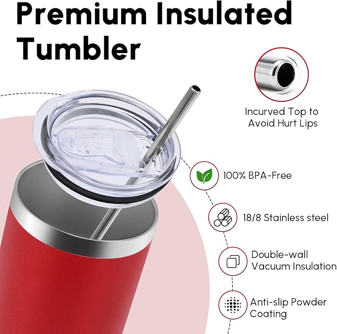 Volhoply 12 Pack Skinny Tumblers with Lid and Straw, 20oz Stainless Steel Straight Tumbler Bulk, Vacuum Insulated Coffee Mug for Home, Office, Travel, DIY (Red,12 Pack)