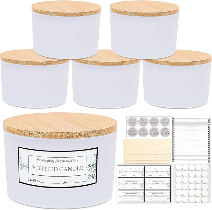 CONNOO 24oz Matte White Glass Candle Jars 6 Pack, Multi-Wick Wide Mouth Empty Bulk Candle Containers for Making Candles with Airtight Bamboo Lids, Sticky Warning Labels, Wick kit- Dishwasher Safe