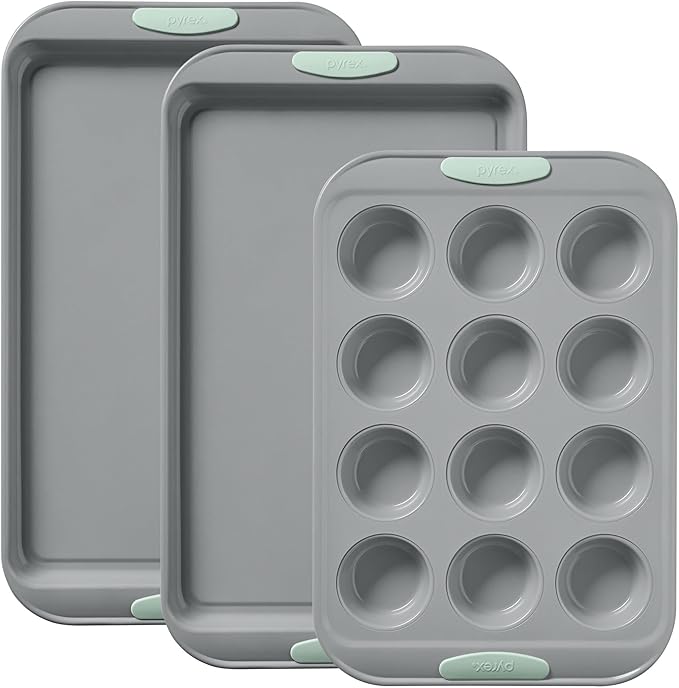 Pyrex (3-Piece) Metal Cookie & Muffin Sheet Bakeware Set, Lightweight Stainless Steel Baking Trays with Heatsafe Silicone Handles, Cookie Muffin Sheet Baking Pan, Sage