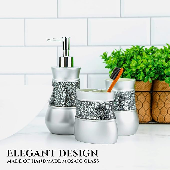 Crackled Glass Silver Toothbrush Holder And Toothpaste Holder For Bathroom - Elegant Crackled Glass Bathroom Toothbrush Organizer - Decorative 2 Slot Family Toothbrush Cup Holds Multiple Toothbrushes