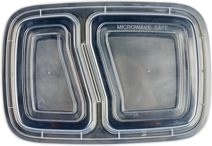 Asporto 32 Ounce Compartment Take Out Boxes, 50 Microwavable Meal Prep Containers - 2 Compartments, With Clear Plastic Lids, Black Plastic Food Containers, Do Not Contain BPA - Restaurantware