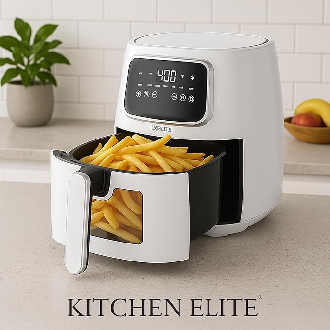 Kitchen Elite 5.5 Qt. Digital Air Fryer, Countertop Cooker with LED Screen, Presets for Air Fry, Roast, Dehydrate, Defrost and Reheat, White