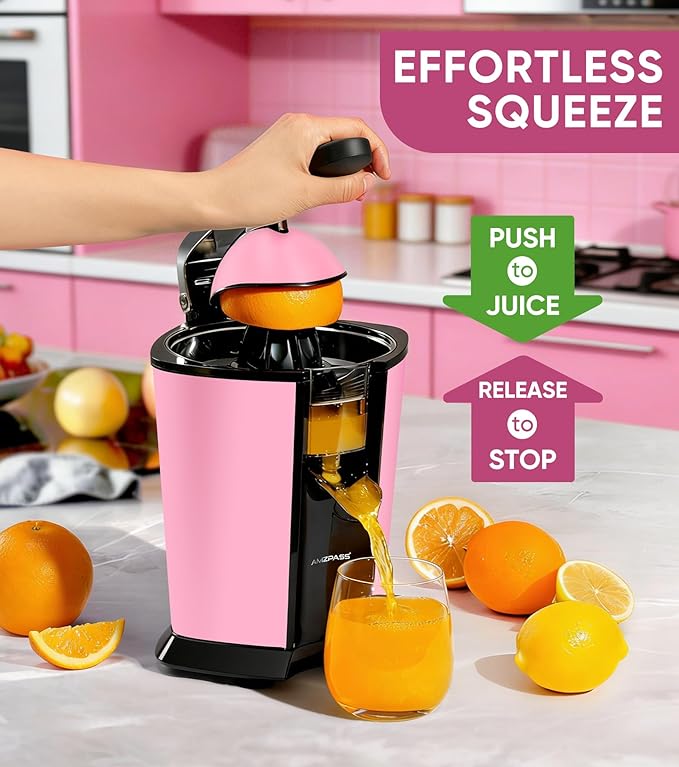 Electric Orange Juicer, Citrus Juicer Squeezer with 2 Cones and Soft Grip Handle for Effortless Juicing, Stainless Steel Quiet Orange Juice Extractor Machines for Lime Grapefruit Lemon, Pink