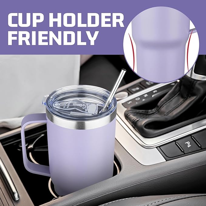 20 oz Tumbler with Handle Stainless Steel Insulated Coffee Mug Tumbler with Lid and Straw Double Wall Vacuum Insulated Coffee Mug Leak Proof Travel Tumbler for Hot and Cold Drink (Pale Purple,4pack)