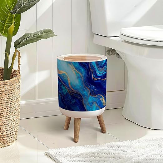 Trash Can with Lid Hand painted mixed liquid blue golden paints Abstract fluid acrylic Press Top Round Small Garbage Bin with Wooden Legs Waste Basket for Kitchen Bedroom Nursery 7L/1.8 Gallon