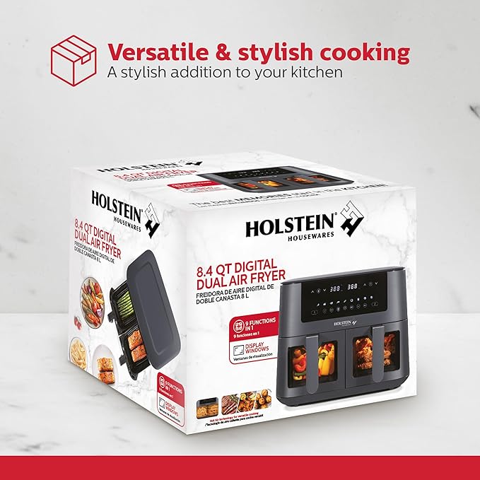 Holstein Housewares 8.4QT Dual Basket Digital Air Fryer with viewing window and led display with 7 preset options. Fry, bake, grill, dehydrate, and roast healthier recipes. Dishwasher Safe