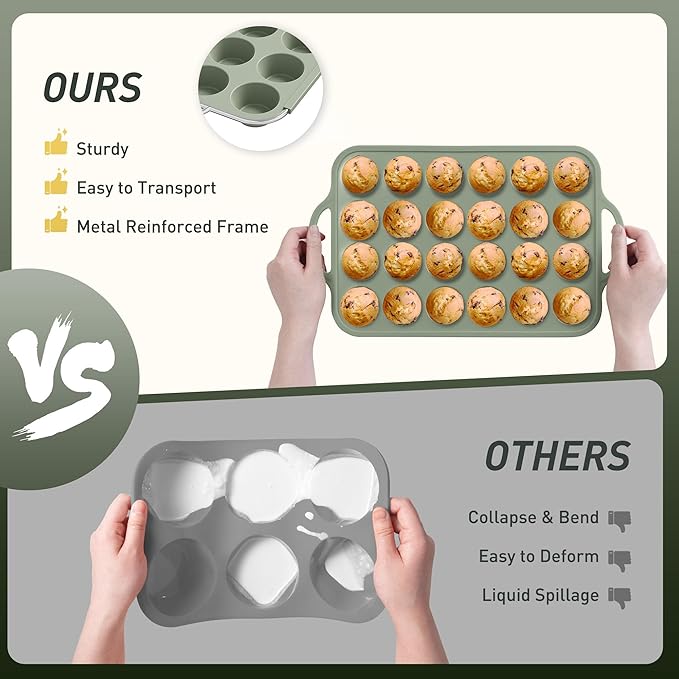 Socisen 24 Cups Silicone Muffin Pan with Metal Reinforced Frame Mini Size Cupcake Pan Tray Egg Bites Silicone Circle Cookie Molds Little Small Muffin Tin Tart Pans Baking Sheet Set for Sandwiches