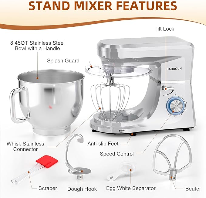 Dough Mixer 8.45 QT Electric Mixer - 660W 6 Speed Large Capacity Kitchen Stand Mixer with Whisk Dough Hook Mixing Beater Household Food Mixer for Baking Cakes Cookie Bread Salad