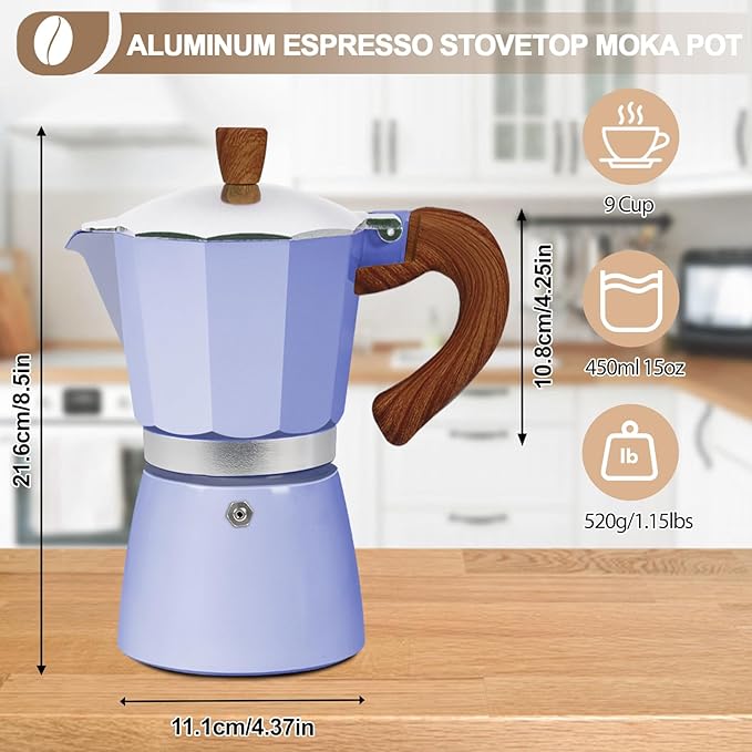 Aluminum 9 Cup 450ml Moka Pot Express Coffee Maker Stovetop Espresso Colorful Coffeemaker Italian Classic Style Brewing Greca Cafe Mocha Machine for Cafeteras Lover Camping Travel and Home Use 15oz