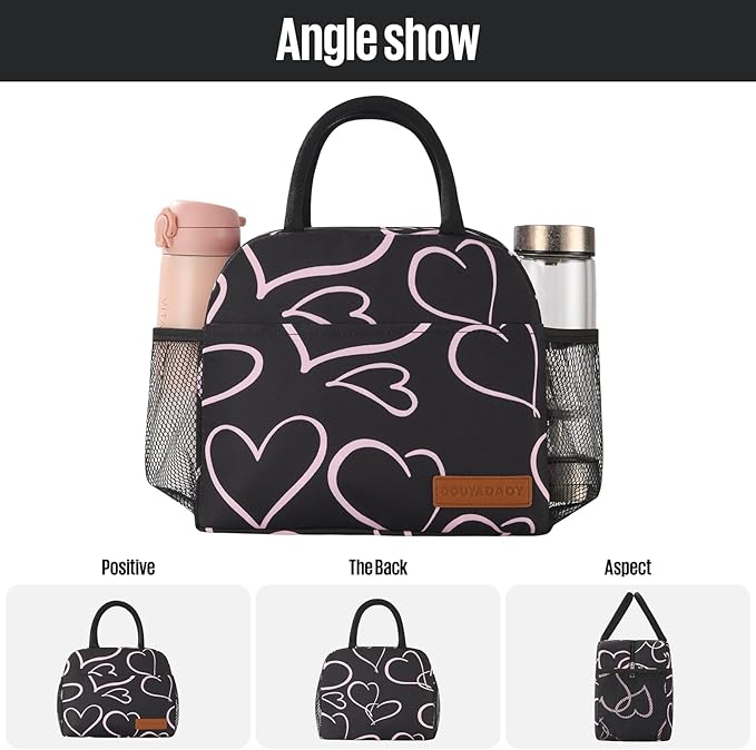 douyadady Lunch Bag Women/Men Lunch Box Women/Men (black+pink heart)