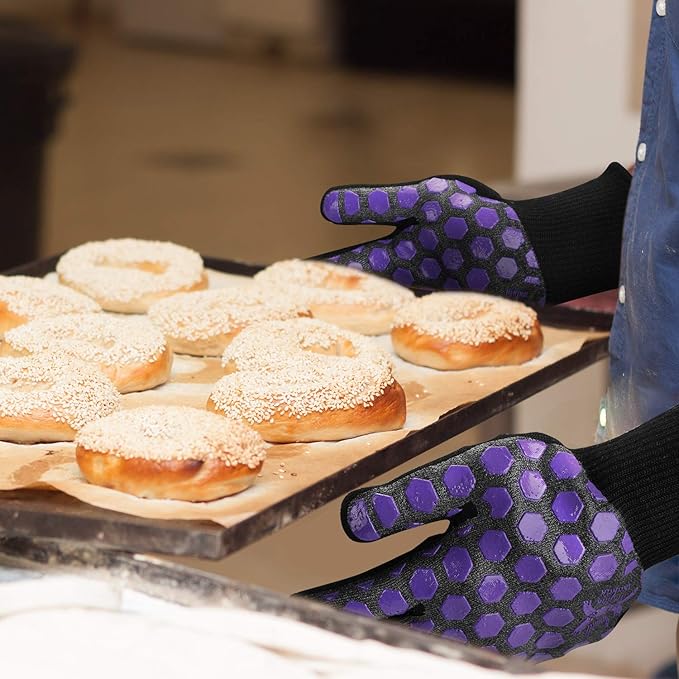 J H Heat Resistant Oven Glove:EN407 Certified 932 °F, 2 Layers Silicone Coating, Oven Mitts for Cooking, Kitchen, Fireplace,Camping, Grilling (Black/Purple, Extra Long Cuff)