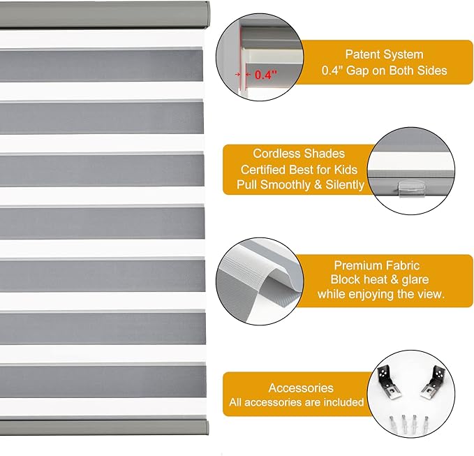 Persilux Cordless Zebra Blinds for Windows Free-Stop Roller Window Shades (39" W X 72" H, Grey) Dual Layer Light Control for Day and Night, Light Filtering Sheer Shades for Home, Easy to Install