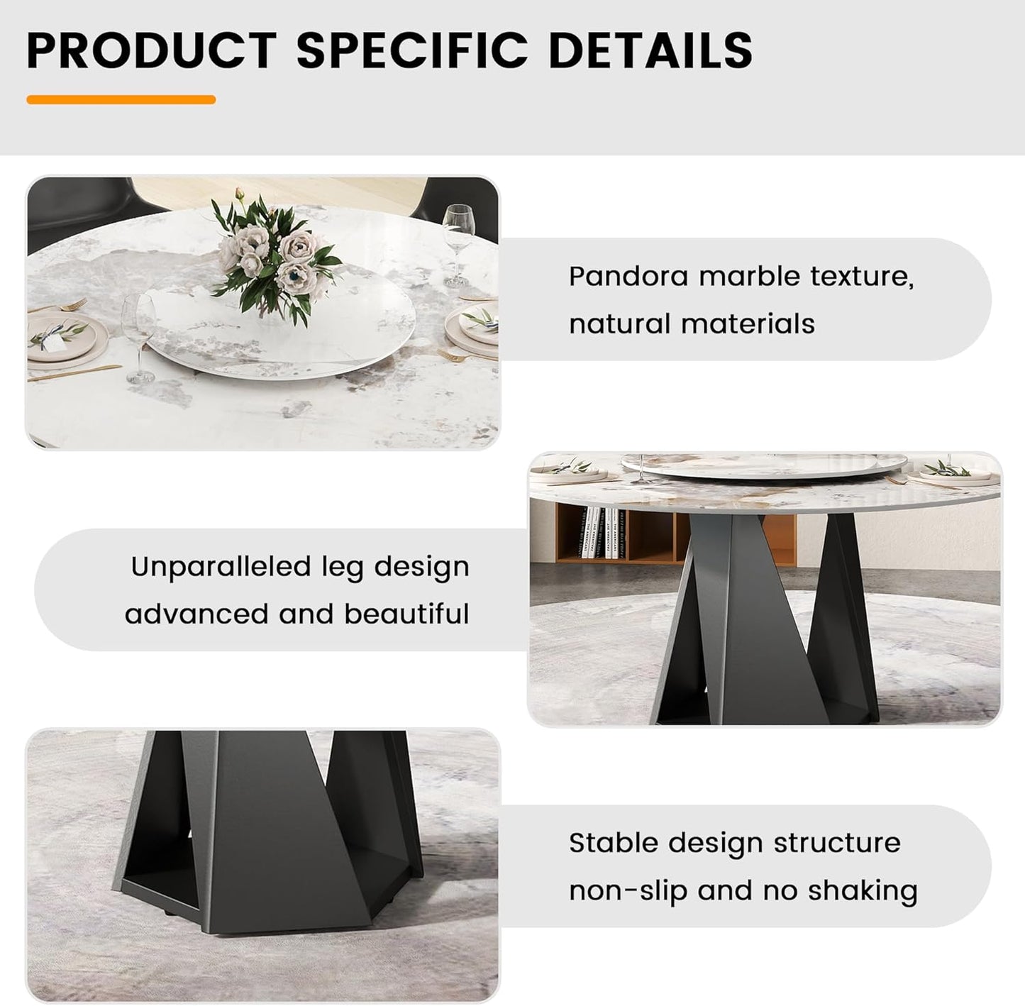 Montary 59" Modern Artificial Marble Round Dining Table with Black Iron Metal Base & 31.5" White Sintered Stone Turntable, Dining Room Table with Lazy Susan for 6-8 (Only Table)