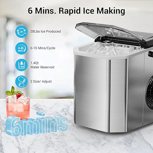 Portable Ice Maker Countertop with WiFi, 9 Cubes Ready in 6 Mins, 28lbs/Day, 2 Sizes of Bullet, Self-Cleaning Ice Machine with Ice Scoop and Basket Home Kitchen Office Bar Party