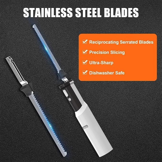 Electric Carving Knife Bread Knife, Cordless Rechargeable Meat Cutting Knife with 2 Serrated 8 Inch Stainless Steel Blades and Safety Lock for Bread, Vegetables, Fruits, Delicatessen