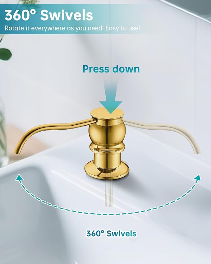 Brass Kitchen Soap Dispenser,Gold in Sink Liquid Dish Soap Dispenser, Under Sink Hand Metal Dispenser Pump, 47.2" Silicone Long Tube for 0.79 "- 1.38" Bottle Mouths