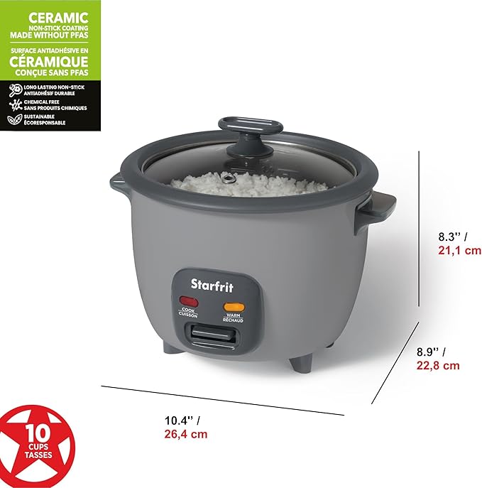 Starfrit 10-Cup Rice Cooker with Ceramic Coating - PFAS-Free - Clear Glass Lid- Grey