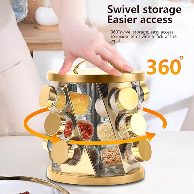 Portable Stainless Steel Spice Rack with 8 Spice Jars Included Revolving Spice Organizer for Kitchen Tower Storage Rack for Spices and Seasoning Gold
