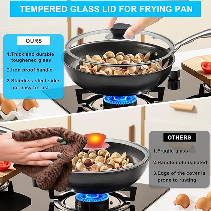 Glass Lid for Frying Pan Tempered Glass Pot Lid with Stainless Steel Rim for 8 Inch Frying Pan Wok Pot Skillet (8 Inch)