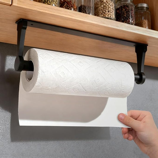 Black Paper Towel Holder Under Cabinet, Adhesive Paper Towel Holder Wall Mount Toilet Roll Holders Rack for Kitchen Bathroom Garage Counter, Anti-Drop Upgraded Telescopic Rod Design Roll