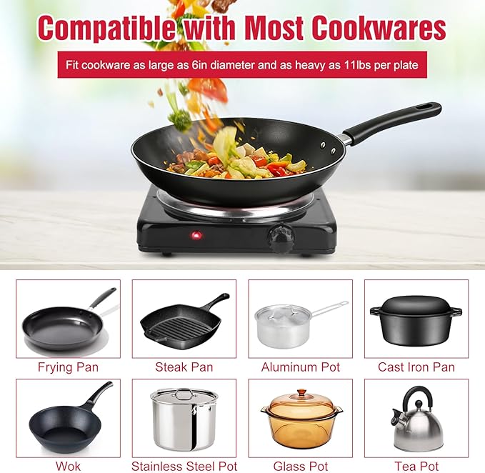 Electric Countertop Burner, 1500W Cooktop with Cast Iron Hot Plate, 5 Level Temperature Control, Easy to Clean, Indicator Lights, Cooking Stove for Office Home Camping RV