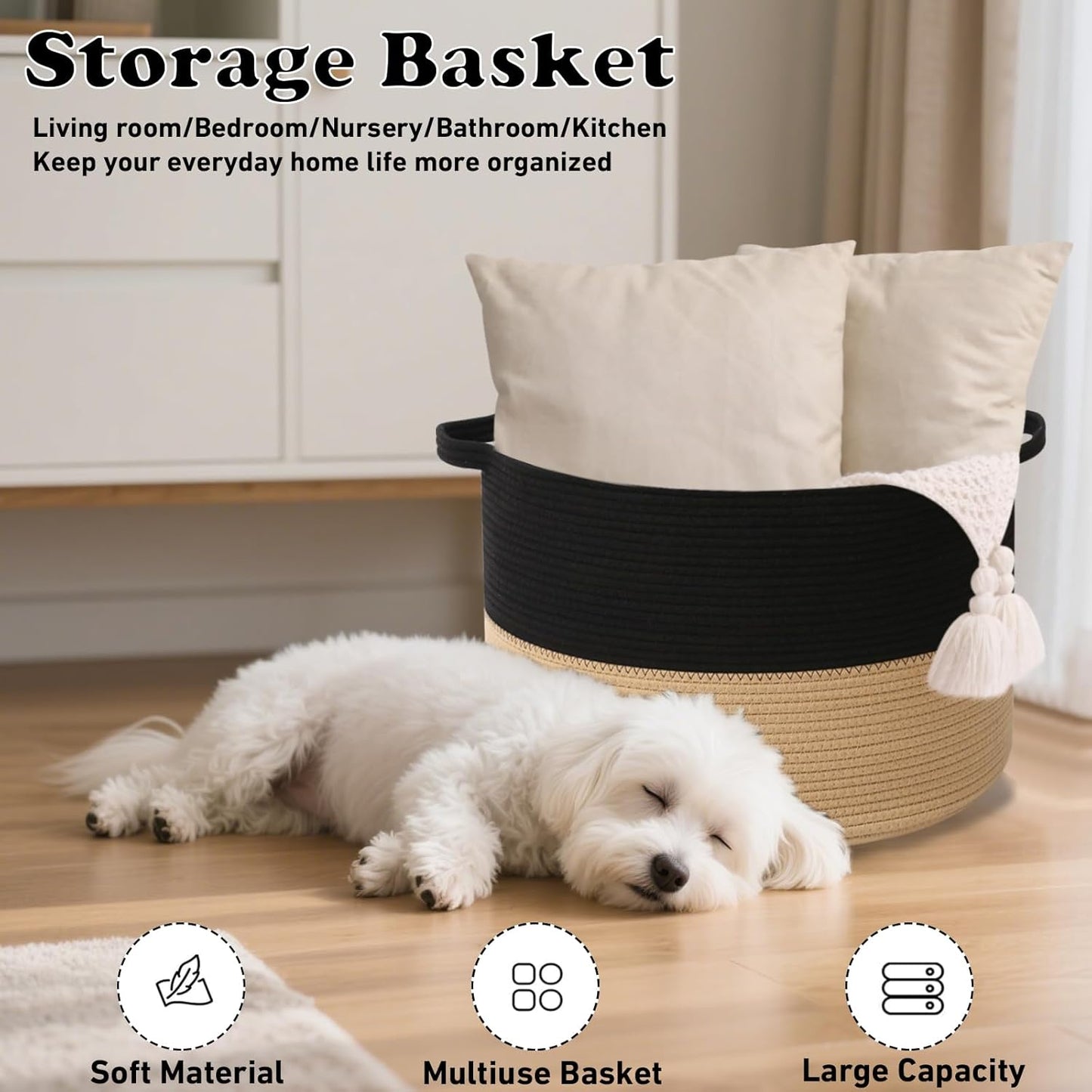 Large Blanket Basket for Organizing,65L Closet Organizers and Storage Bins Box for Shelves Woven Rope Storage Baskets,Living Room,Bedroom,Dorm,Laundry room (Black&Camel)