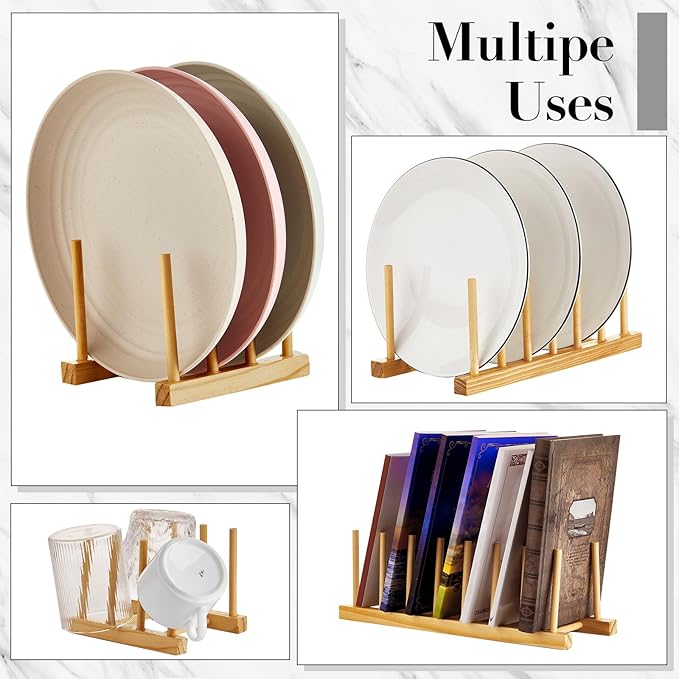 Zopeal 18 Pcs Bamboo Wooden Plate Racks Dish Rack Stand Holder 3/6/ 7 Slots Drainboard Drying Drainer Kitchen Cabinet Organizer for Dish Plate Bowl Cup Pot Lid Book