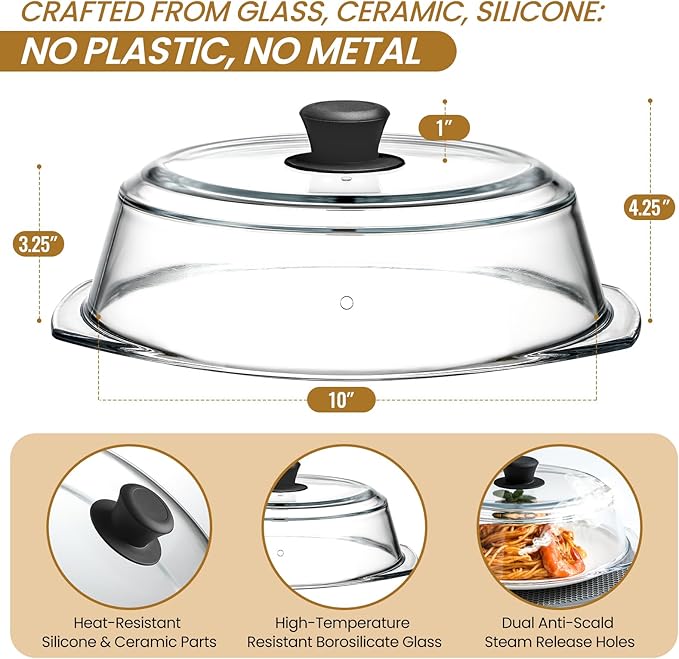 2 in 1, Tall Glass Microwave Splatter Cover for Food & Microwave Place Mat, Plate Splatter Guard Lid with Silicone Handle Knob, Cookware & Bakeware Serving Dish Cover, Food Grade, No Plastic, 10in