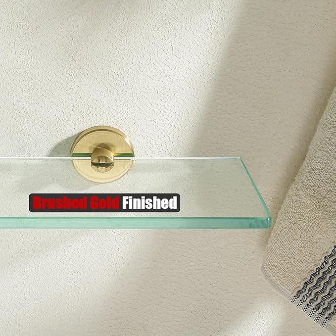 JQK Bathroom Glass Shelf Gold, Tempered Glass Shower Storage 8 by 5 inches, 304 Stainless Steel Brushed Gold Wall Mount, TGS101L8-BG